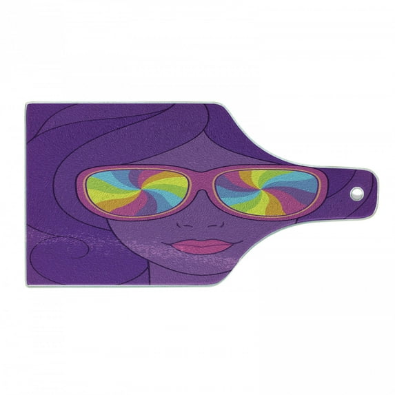 Retro Cutting Board, Psychedelic Style Portrait of a Girl in Sunglasses with Rainbow Swirls, Decorative Tempered Glass Cutting and Serving Board, in 3 Sizes, by Ambesonne