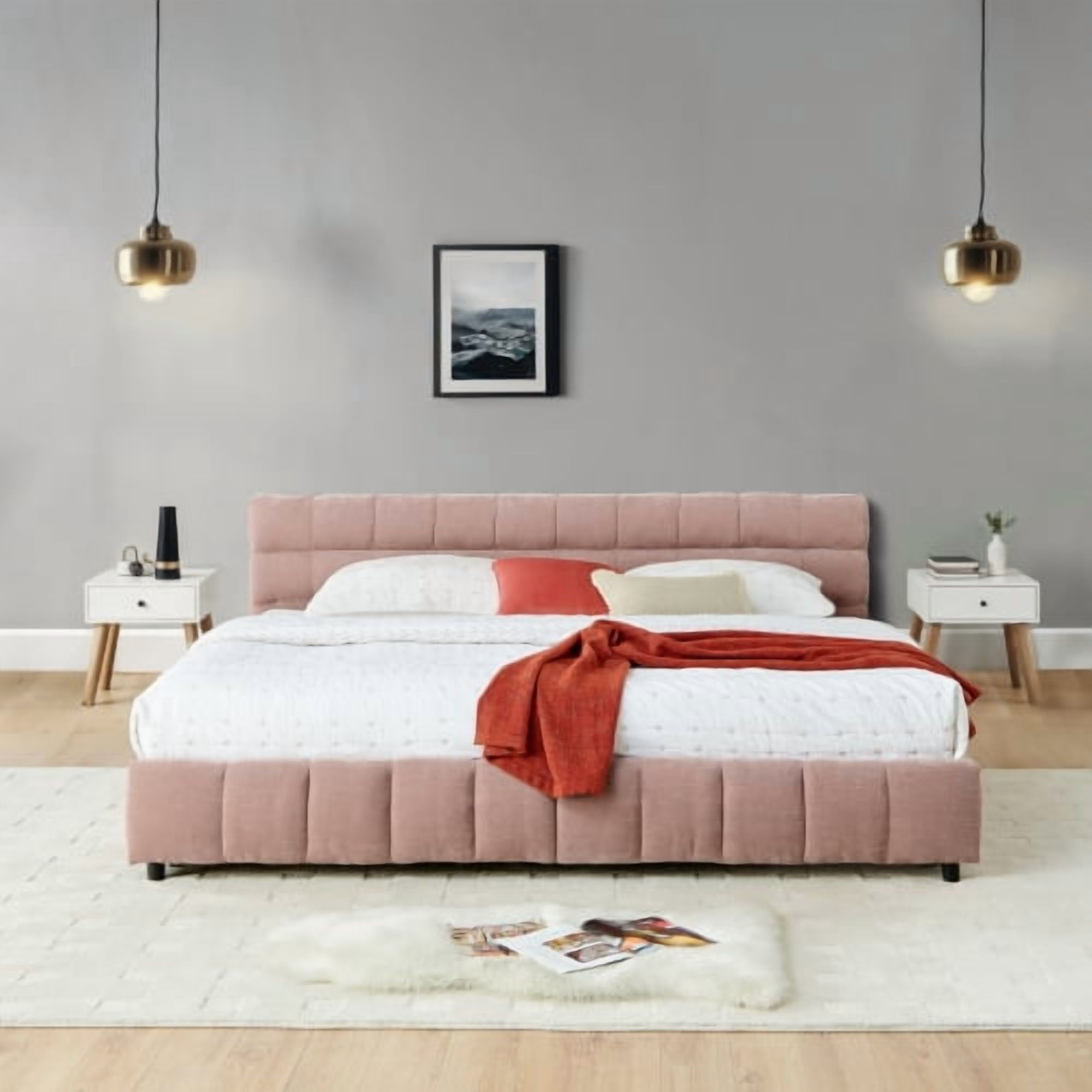 GAKMCIL California King size Bed Frame with Thick Fabric,Upholstered Bed Frame with Headboard and Solid Frame. With drawer for storage No Box Spring Needed Pink(90.5''*80.5''*31'')