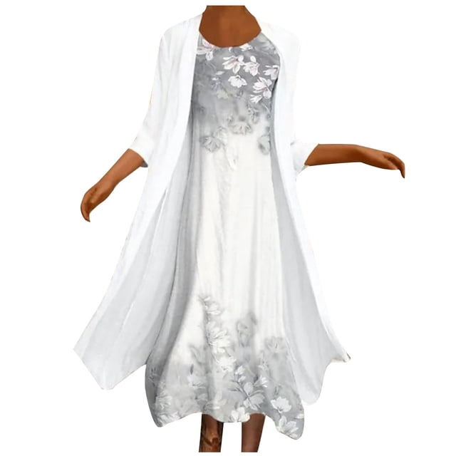 Ensemble Deux Pièces pour Femmes Été Robe Imprimée Manches 3/4 Col Rond Ample Ensemble Jupe Robe d'Été Ample pour Femmes Robe d'Été avec Manches pour Femmes