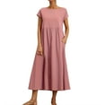 BOMYJESK Boho Dresses for Women 2024 Cotton Linen Baggy Crew Neck Maxi