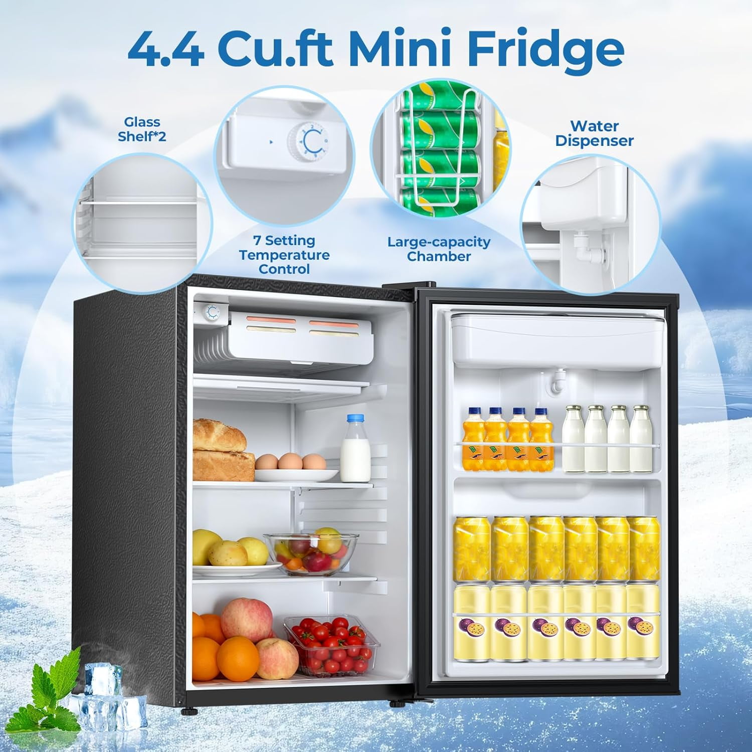 WAA 4.4 Cu.Ft Mini Fridge with Water Dispenser Adjustable Temp,Low Noise for Small Spaces (Black)