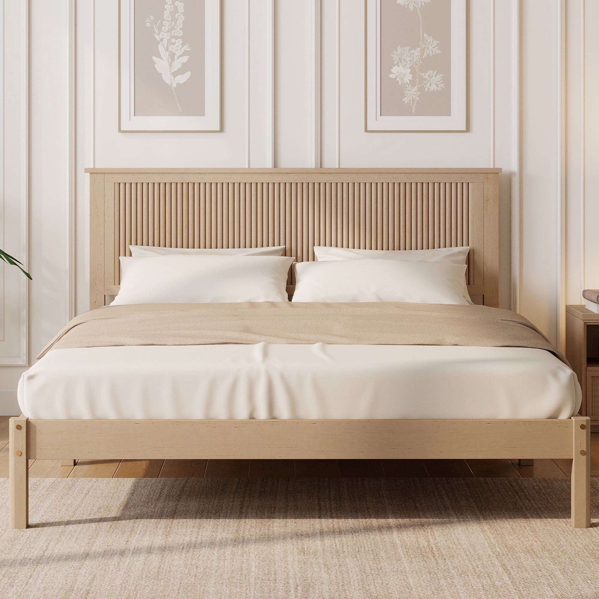 Miniyam Queen Size Wooden Platform Bed Frame with Headboard, Fluted Wave Design, Natural