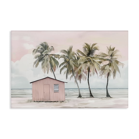 Stupell Industries Pink Beach Hut & Palms Nautical & Beach Painting Wrapped Canvas Art Print Wall Art, 24 x 16