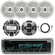 Kenwood Marine In-Dash Single DIN CD Bluetooth USB AUX Receiver, 4x 6.5" 2-Way Round Water Resistant 100 Watt Speakers - White, Wired Remote, Digital LCD Display Wired Remote, 23 Ft. Extension Wire