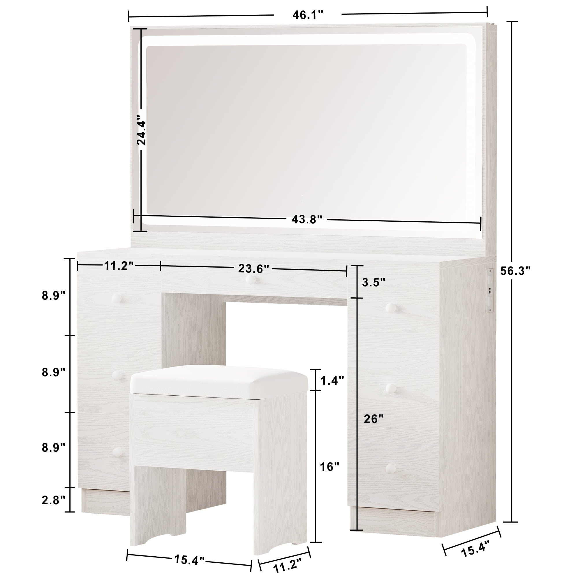 IRONCK Vanity Desk Set with LED Mirror, 7 Drawers, Power Outlet, Makeup Table, Stool, White - Walmart Business Supplies IRONCK Vanity Desk Set with LED Mirror, 7 Drawers, Power Outlet, Makeup Table, Stool, White - Walmart Business Supplies