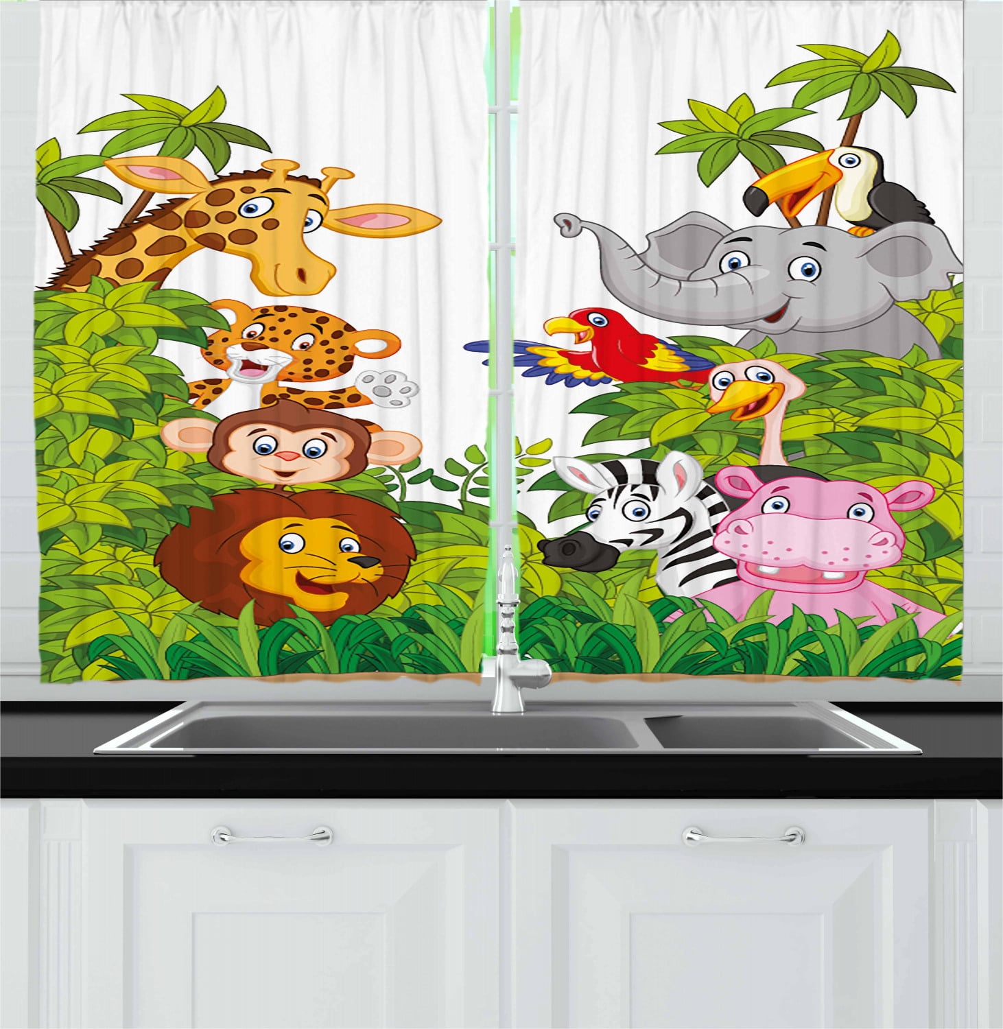 Nursery Curtains 2 Panels Set, Cartoon Style Zoo Animals Safari Jungle Mascots Collection Tropical Forest Wildlife, Window Drapes for Living Room Bedroom, 55W X 39L Inches, Multicolor, by Ambesonne