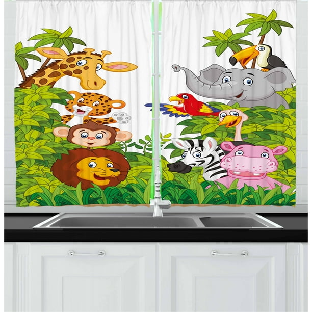 Nursery Curtains 2 Panels Set, Cartoon Style Zoo Animals Safari Jungle