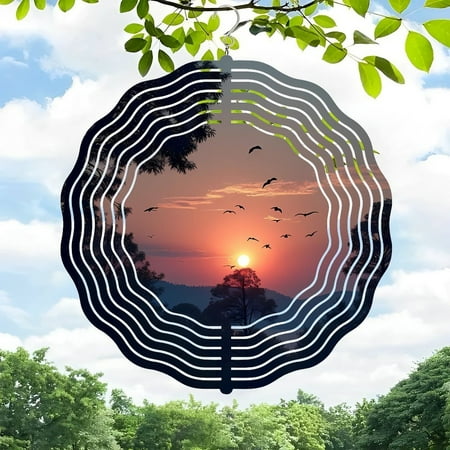 3D Metal Hanging Wind Spinners – Concentric Ring Design with Serene Sunset Scene Perfect for Yard and Garden Decor 3D Metal Hanging Wind Spinners – Concentric Ring Design with Serene Sunset Scene Perfect for Yard and Garden Decor