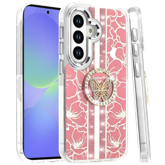 XPM for Samsung Galaxy A36 Phone Case, Diamonds 3D Butterfly Floral Design Bling Sparkly Glitter Hybrid Metal Fashion with Ring Stand Cover for Galaxy A36 (Light Pink)