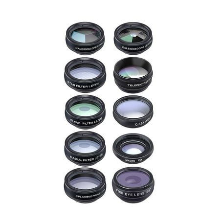 APEXEL 10 in 1 Phone Lens Kit with 0.63X Wide Angle + 15X Macro + 198°Fisheye + 2X Telephoto + CPL + Star Filter + Radial Filter + Filter + Kaleidoscope 3 + Kaleidoscope 6 Compatible with