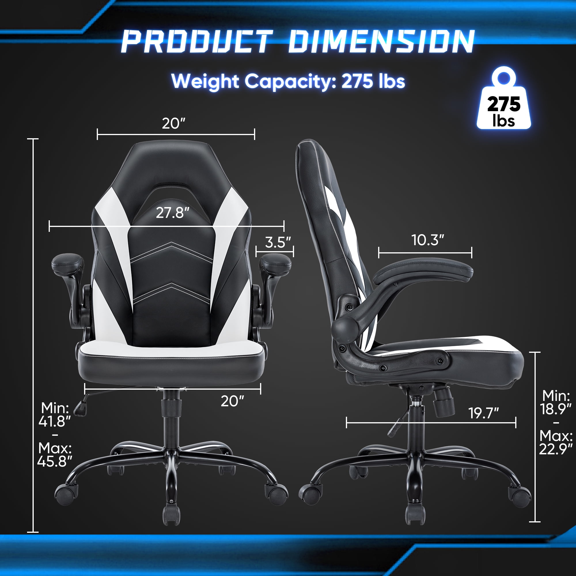 GIANNA Computer Gaming Desk Chair - Ergonomic Office Executive Adjustable Swivel Task PU Leather Racing Chair with Flip-up Armrest, Black White