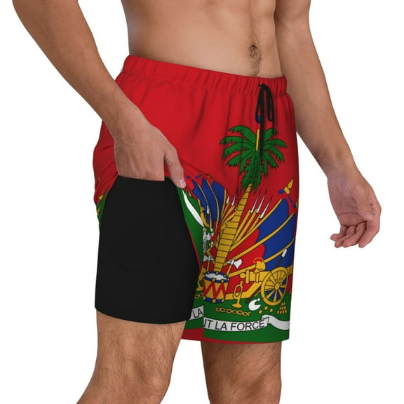 Mens Red Coat Of Arms Of Haiti 2 in 1 Quick Dry Swim Trunks with Compression Liner Beach Shorts