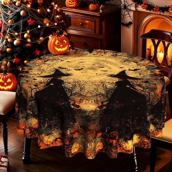 Vintage Witches Silhouette Full Moon 2D Print Round Tablecloth, Decorative Table Cover for Kitchen Dining Patio Halloween Parties