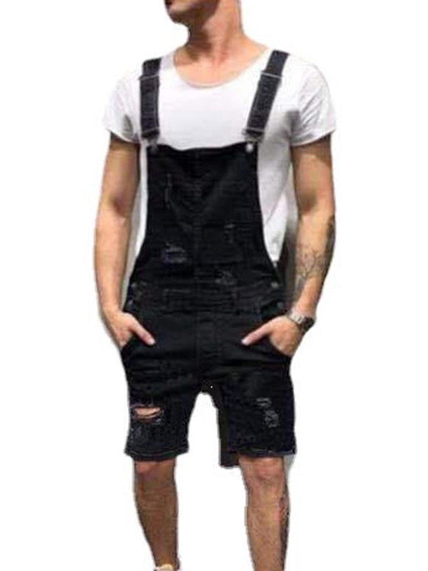 KAMAMEN Men's Ripped Overalls Denim Bib 