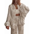 thumbnail image 2 of Women 2 Piece Outfits Sets Dressy Shirt Wide Leg Drawstring Pants Sets White M, 2 of 9