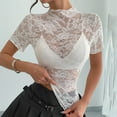 thumbnail image 3 of TKLPEHG Womens Summer Tops Half High Collar Lace Splicing Thin Top Leisure Solid Color Graphic Tee Short Sleeve Blouses Fashion Lightweight Regular Blouses (White,S), 3 of 9