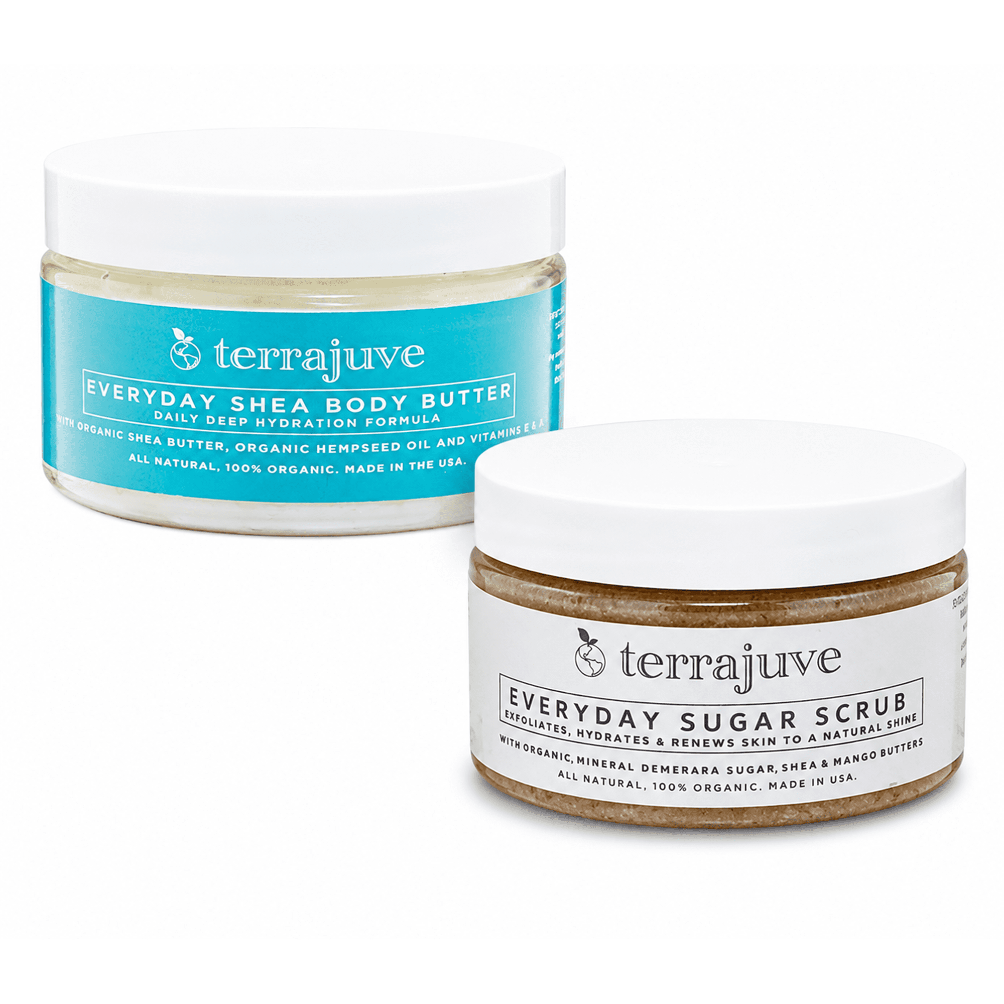 Terrajuve Shea Butter Moisture Body Cream (4 Oz) and Sugar Scrub (4 Oz) Face and Body Exfoliator Set: Exfoliates, Hydrates, Fades Imperfections, All Natural Made in USA