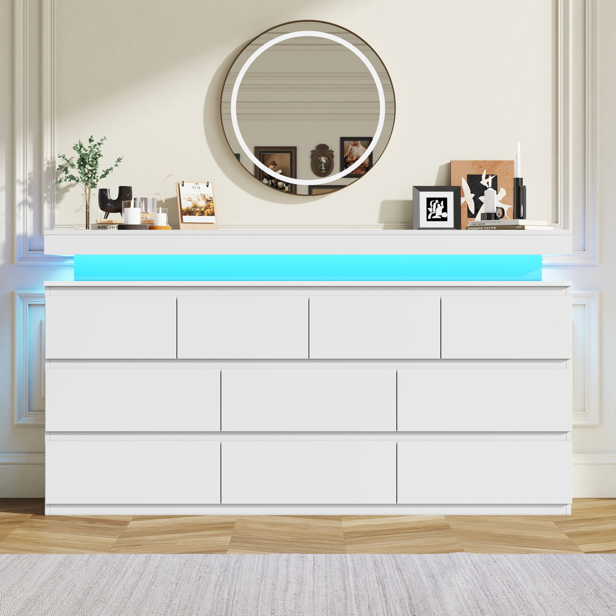 ChVans White 10 Drawer Dresser with LED Lights, 63" Wide Modern Wood Chest of Drawers with Charging Station & Handle Free, LED White Dresser for bedroom, Living Room, Entryway, Hallway