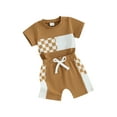 thumbnail image 2 of Musuos Toddler Boys Summer 2 Piece Outfits 12 18 24M 3 4T Plaid Patchwork Short Sleeve T-Shirt and Elastic Shorts, 2 of 10