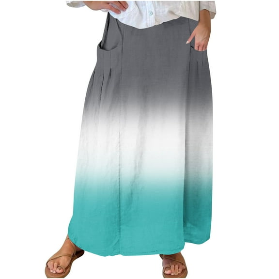 Dvprdro Summer Fashion Color Block Printed Skirts for Women Casual Elastic Waist Pleated Pockets Plus Size Skirt Mint Green Sizes 3XL