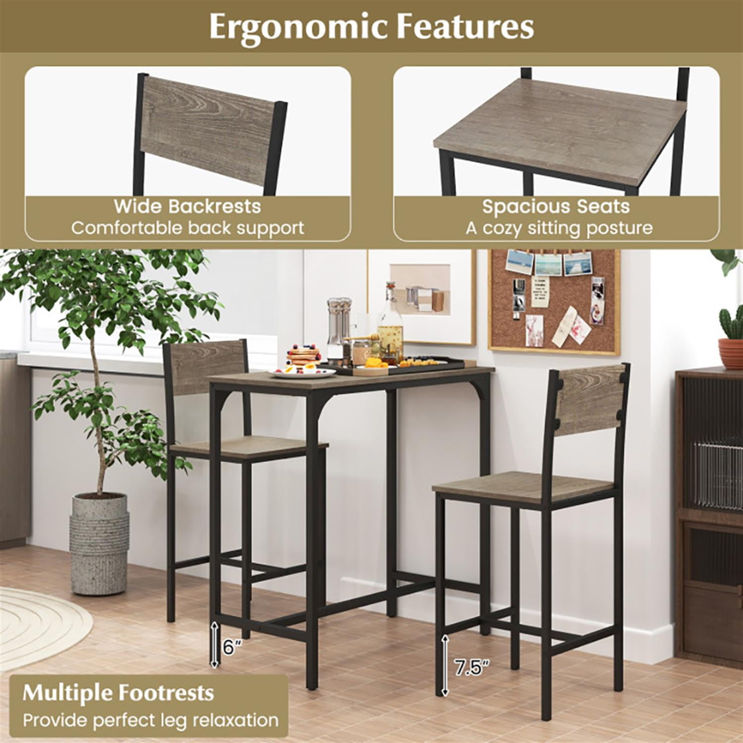 Demi Bonn 3-Piece Bar Table Set with Backrest and Footrest, 35" Wooden Square Kitchen Dining Table Set, Perfect for Small Space, Gray