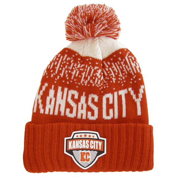 Kansas City Rubber Patch Ribbed Winter Knit Pom Beanie (White/Red)