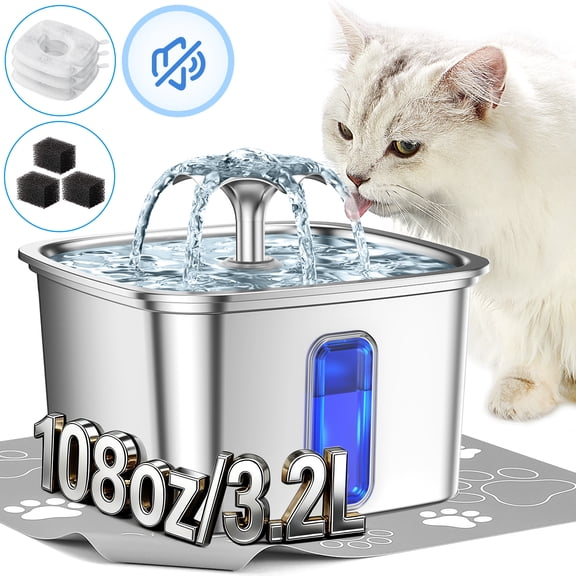Ophanie 108oz/3.2L Stainless Steel Cat Water Fountain with Replacement Filters & Silicone Mat, Automatic Water Dispenser for Cats and Dogs, Electric Drinking Bowl Suitable for Multiple Pets, Silver