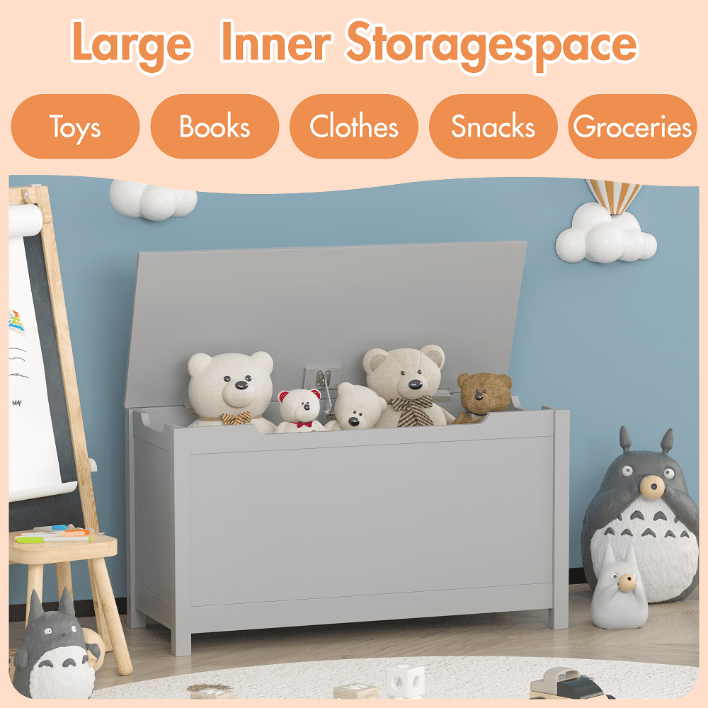 (Gray) Kids Wooden Toy Box Storage with Safety Hinged Lid for Ages 2+