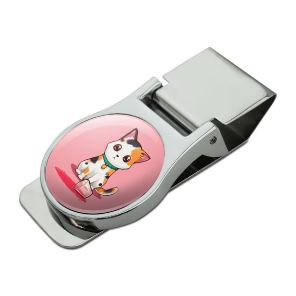 Kawaii Cute Cat Spilled Glass of Water Satin Chrome Plated Metal Money Clip