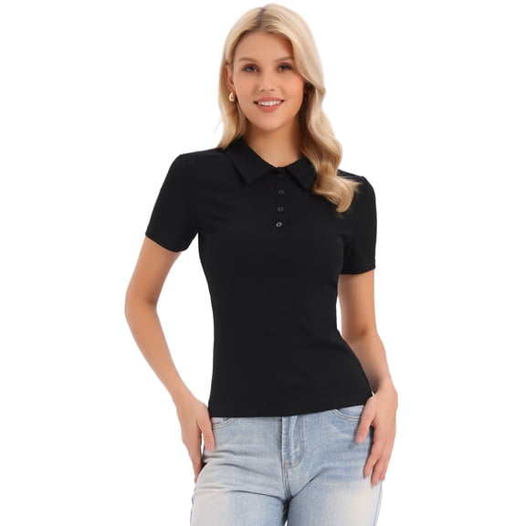 DARING DIVA Women's Short Sleeve Polo Shirts Collared V Neck Button Up Tops XS Black