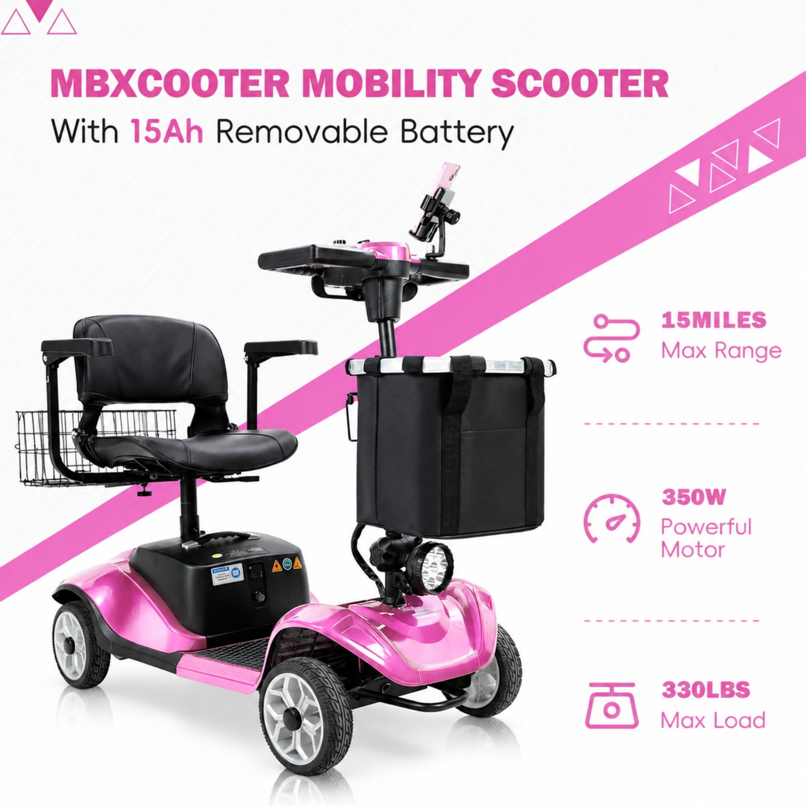 4 Wheel Mobility Scooter for Seniors&Adults,15 Miles Foldable Electric Mobility Scooter,350W Powered Electric Wheelchair Device for Adults 300 lbs,LED Lights,Basket,Compact Mobile for Travel