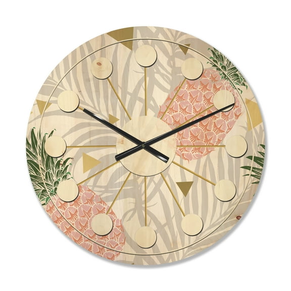 Designart 'Pineappple On Tropical Leaves Retro Pattern' Mid-Century Modern Wood Wall Clock