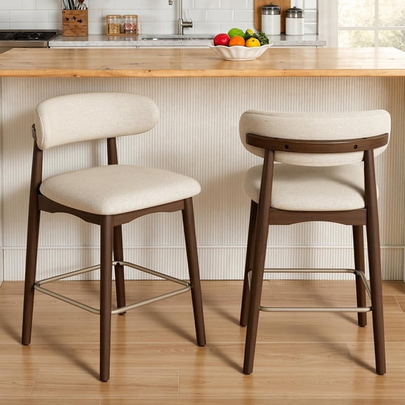 Solid Wood Counter Height(26") Bar Stools Set of 2, Premium Linen-Blend Upholstery with Back & Brass-Toned Metal Footrest, Mid Century Modern Bar Stools for Kitchen Island, Beige