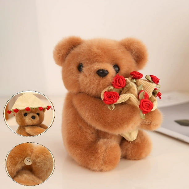 Juguetes de piscina, juguetes para bebés, juguetes para niños pequeños. Oso de peluche con forma de rosa y flor abrazando. Mesa combinada con llavero de flor pequeña tejida y oso pequeño. Bolsa colgan