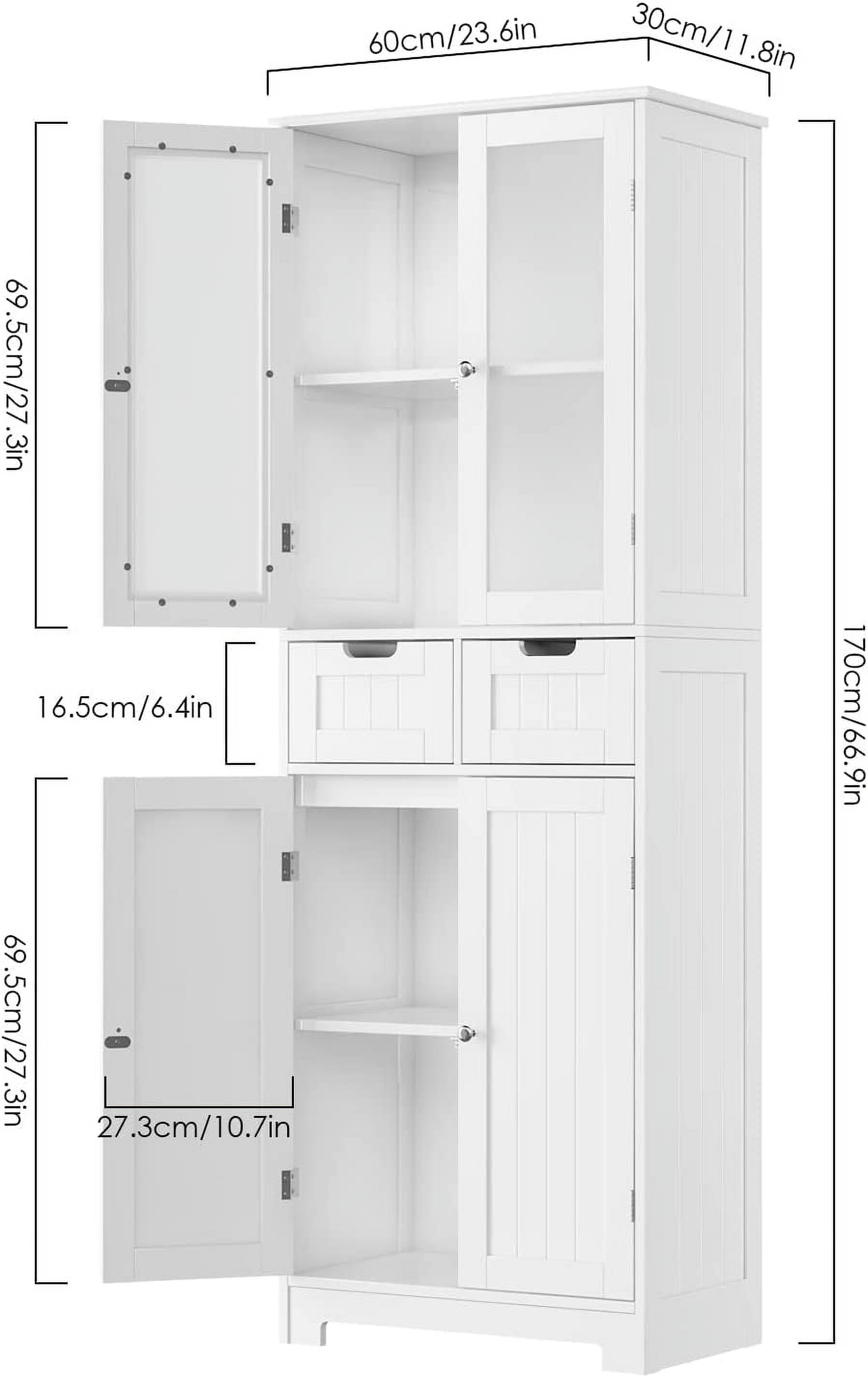 67" Tall Storage Cabinet, Freestanding Pantry Cabinet with Glass Door and Shelves, Linen Bathroom Cabinet with 2 Drawers for Living Room, Kitchen, Dining Room, Office, White