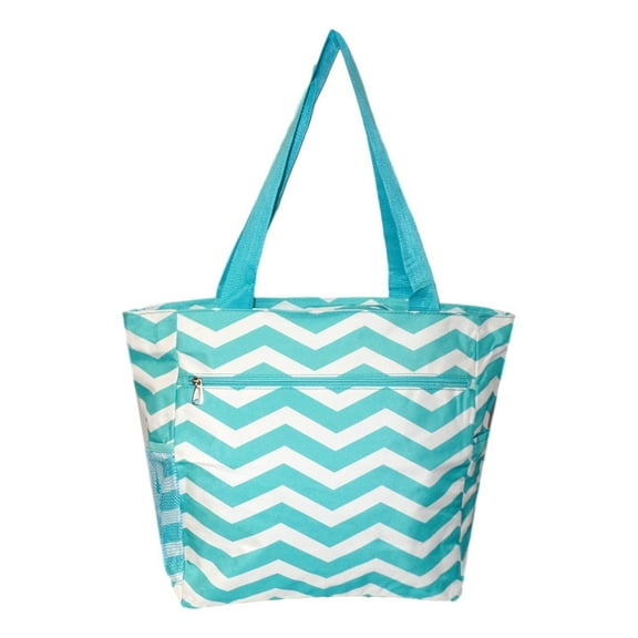 Large Multi - Pocket Fashion Zipper Top Beach Bag Tote - Custom Embroidery Available Aqua Chevron
