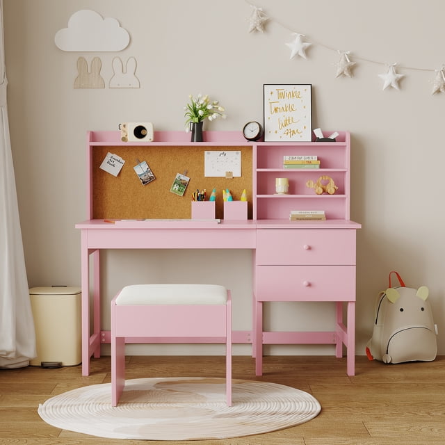 Ensemble Bureau et Chaise Inclinés pour Enfants avec Plateau en Liège et Tiroirs de Rangement, Table d'Étude en Bois Réglable avec Étagères pour 3 à 8 Ans, Blanc Bleu Rose