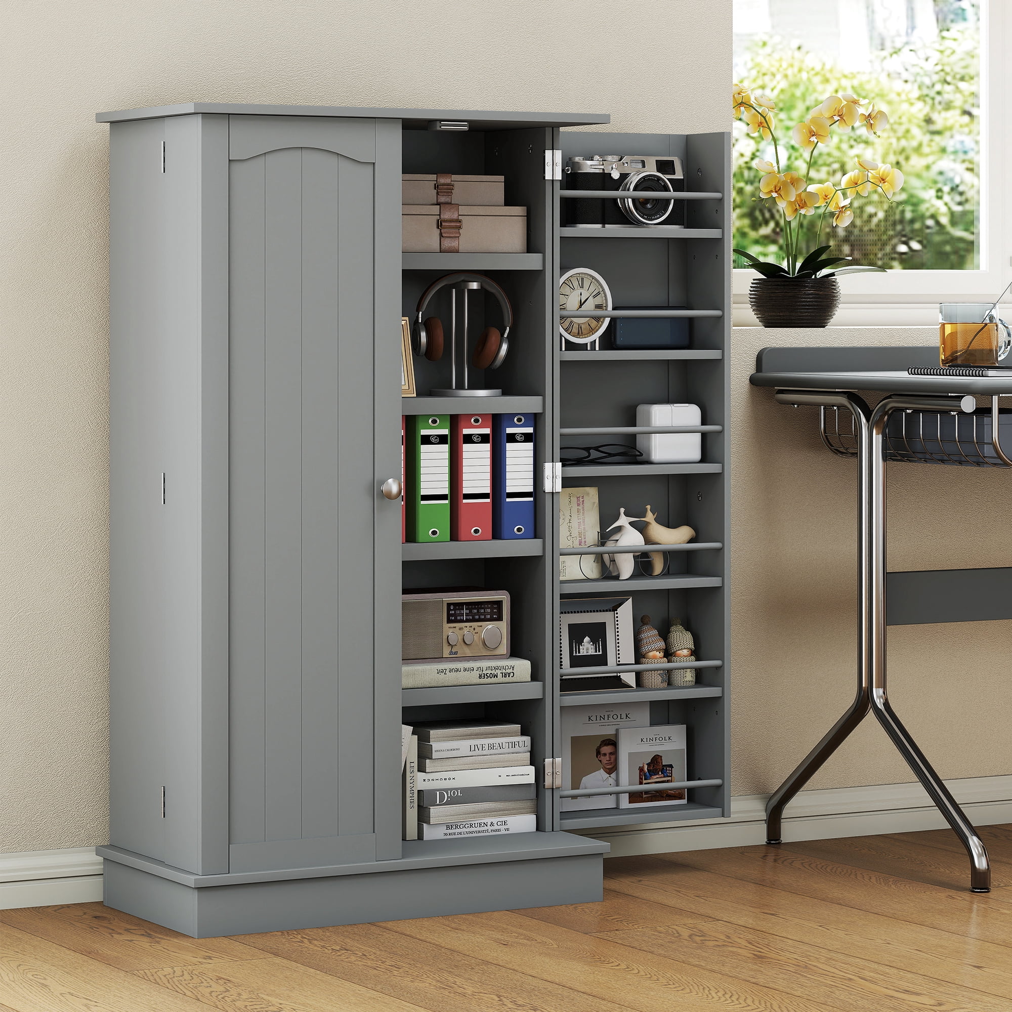 HOMCOM 41" Kitchen Pantry, 2-Door Kitchen Cabinet with 5-tier Storage Shelving, 12 Spice Racks and Adjustable Shelves for Dining Room, Gray