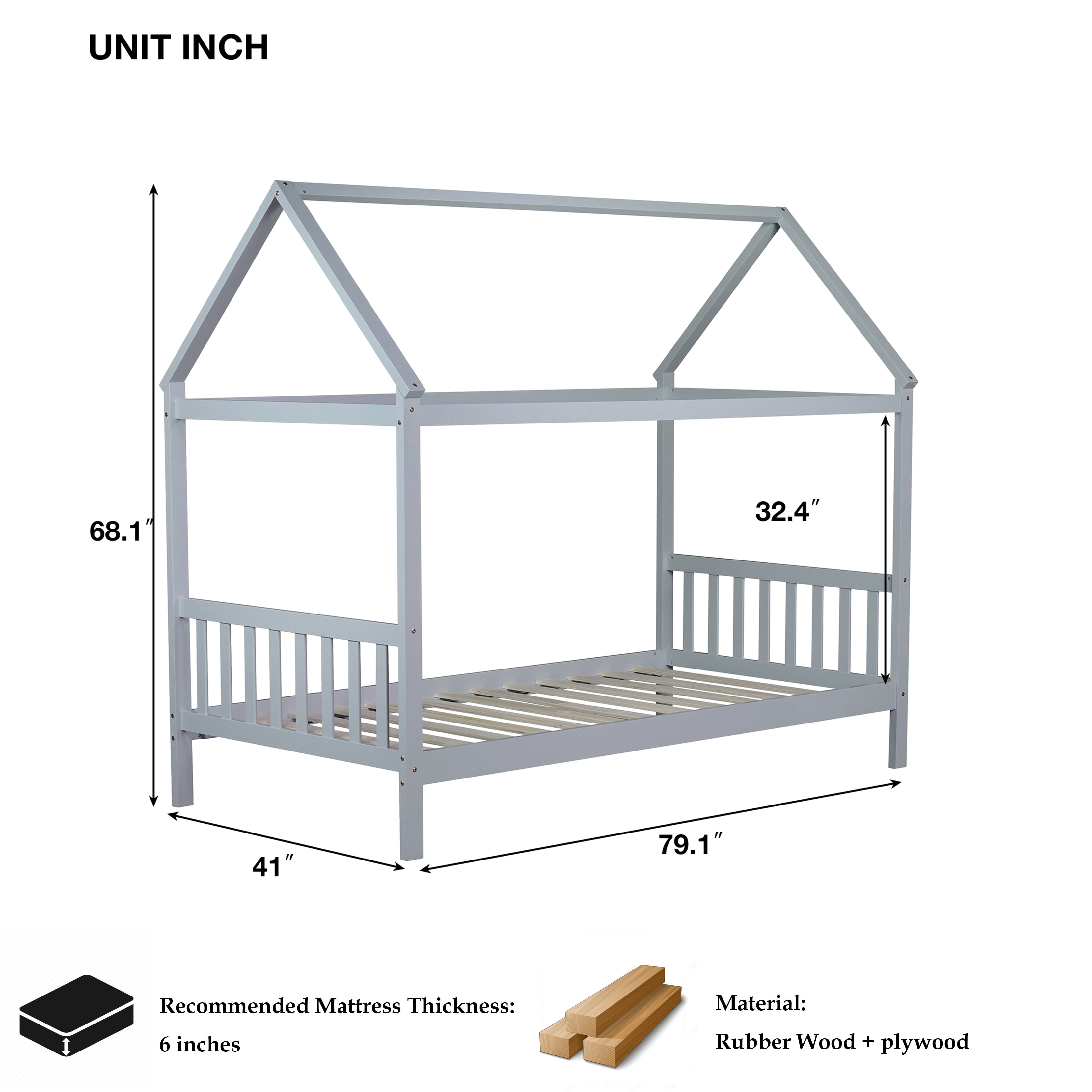 Bellemave Twin House Bed with Headboard and Footboard Sturdy Rubber Wood Platform Bed Frame, Montessori House Bed, No Box Spring Needed (Twin, Gray)