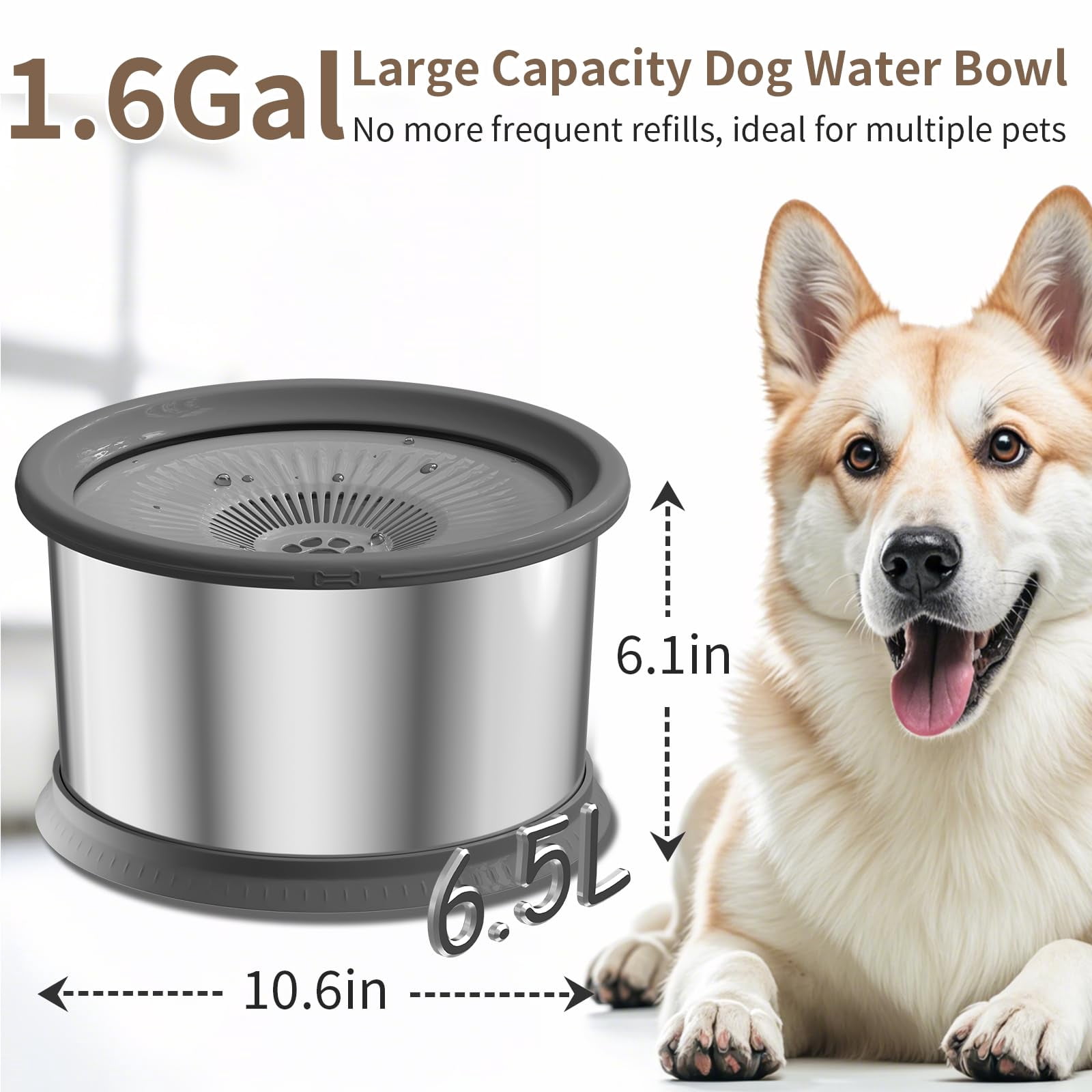 6.5L Dog Water Bowl No Spill 1.6 Gallon Stainless Steel Water Bowl for Dogs 220oz Large Capacity No Splash Slow Drinking Feeder with Anti-Slip Mat for Messy Drinkers
