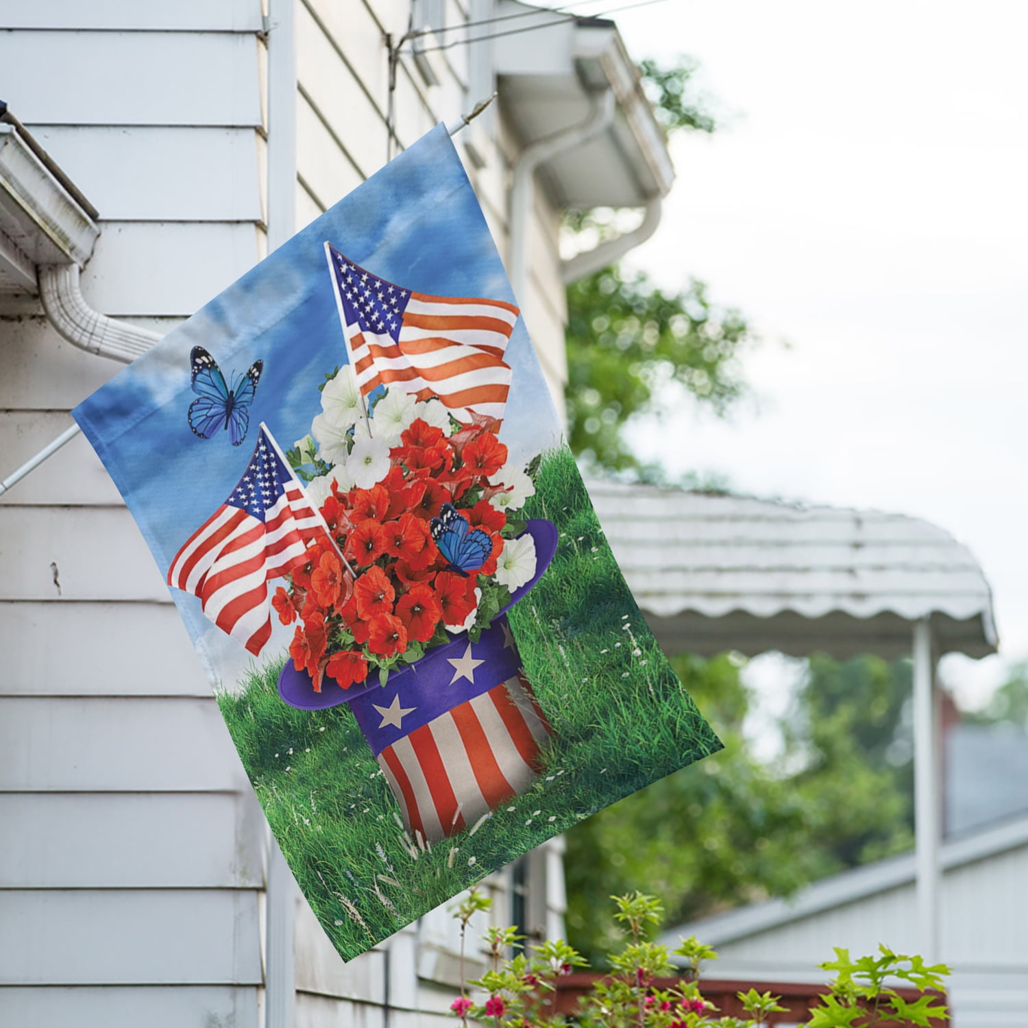 America Forever Uncle Sam's Flower Hat House Flag, 28 x 40 inch Double Sided, Patriotic Banner, Poppies Mini USA Flags Festive Outdoor Decor, 4th July Yard Flag