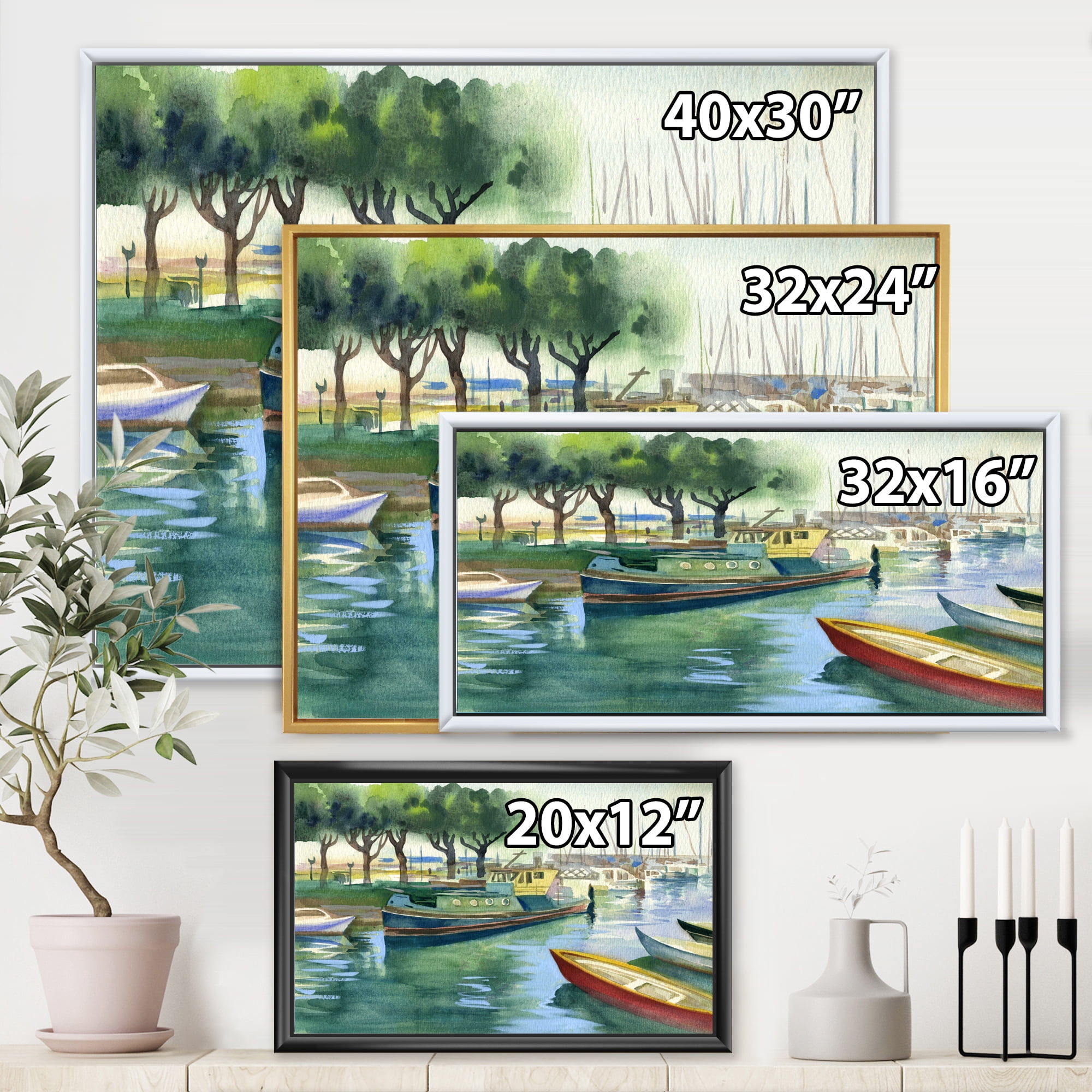 Designart 'Boats At The Lake in Green Spring' Traditional Framed Canvas Wall Art Print