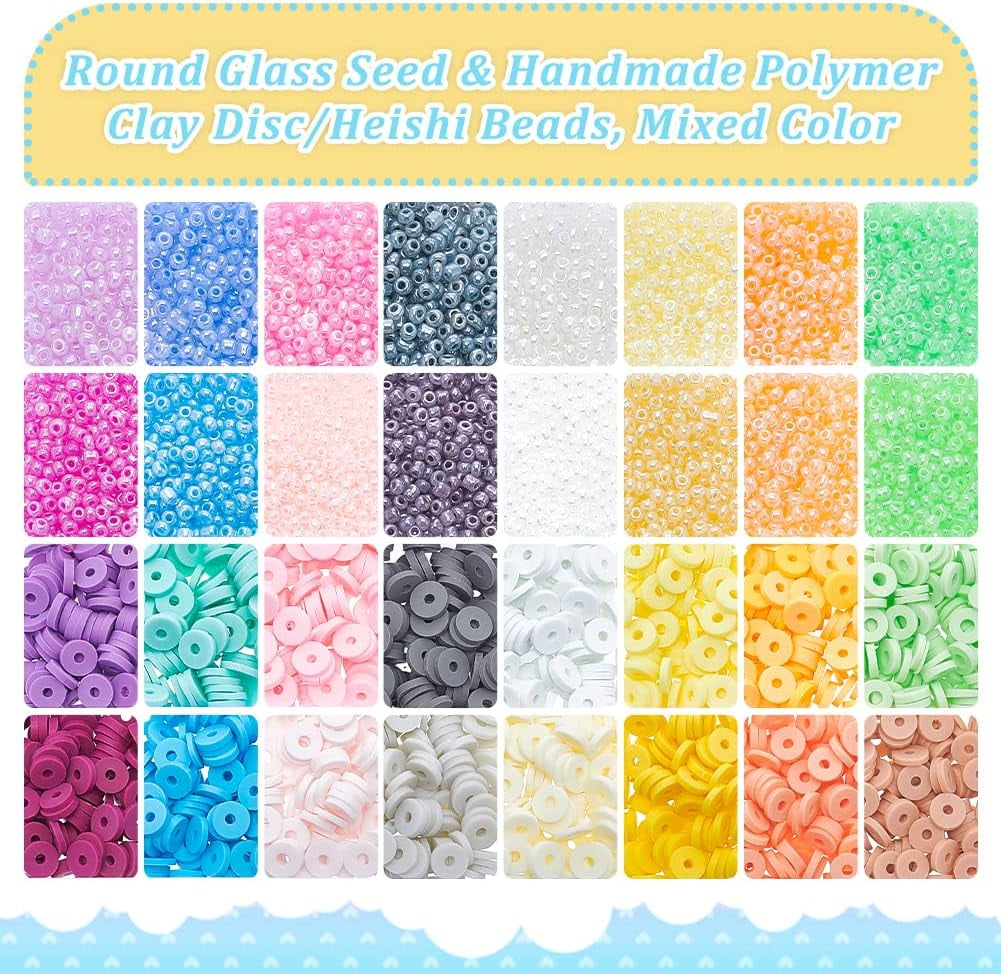 PH 11360~12480pcs Craft Beads Kit 2mm Glass Seed Beads 16 Colors Mini Pony Beads 6mm Polymer Clay Beads 16 Colors Heishi Beads Small Craft Beads for Bracelet Necklace Jewelry Making Colorful