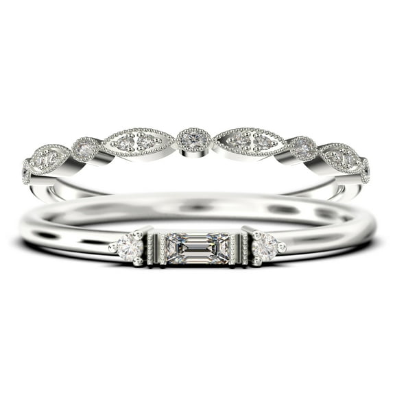 Dainty Minimalist 1.25 Carat Baguette Cut Diamond Moissanite Engagement Ring, Antique Wedding Ring in 10k Solid White Gold, Bridal Set, Matching Band, Promise Ring, Anniversary Ring