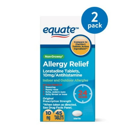 - (2 Pack) Equate Non-Drowsy Allergy Relief Loratadine Tablets, 10 mg, 45 Ct