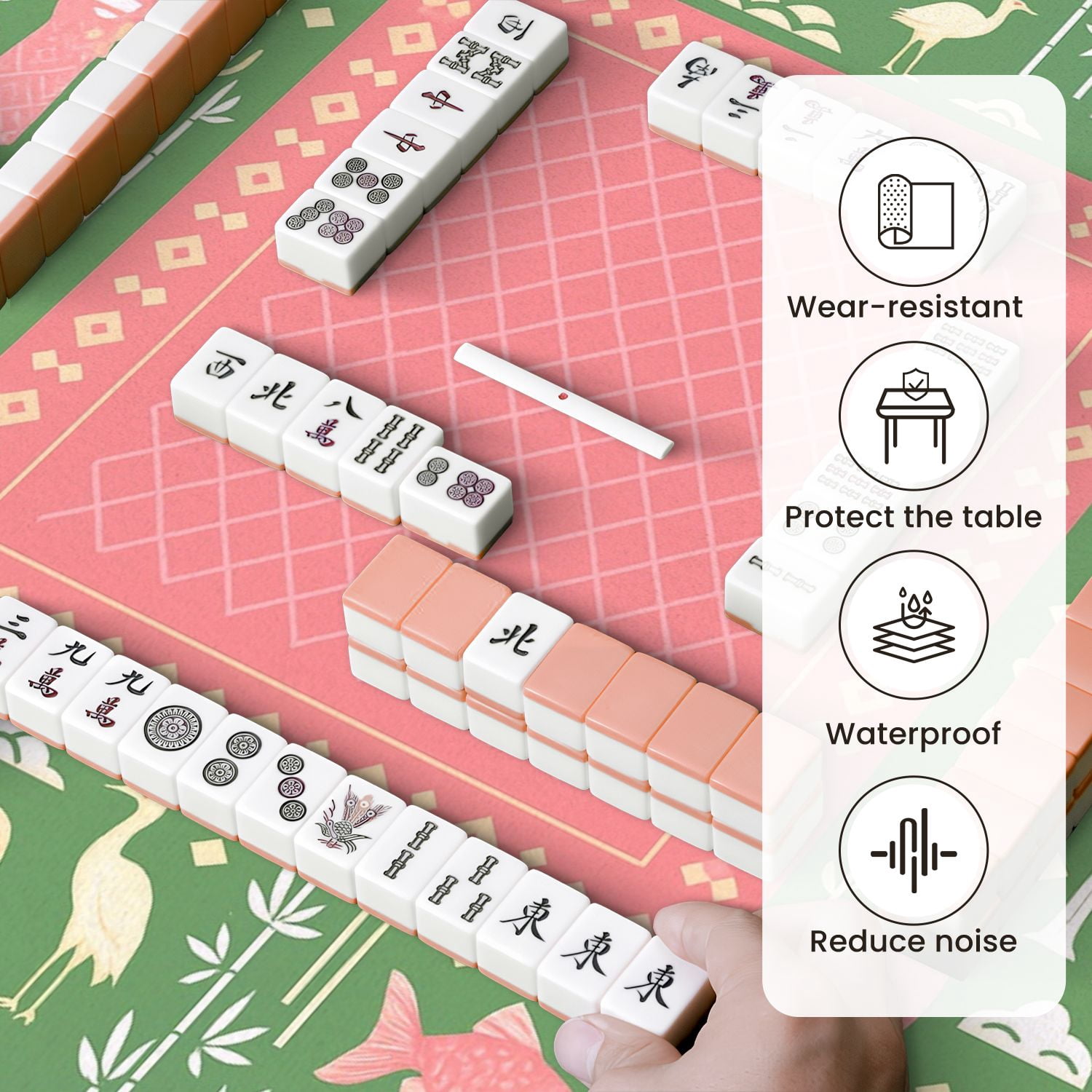Mahjong Mat 31.5" x 31.5" Vintage Oriental Fish Birds Traditional Elements Anti-Slip and Noise Reduction Symmetry Design Mahjong Tiles Table Cover for Dominoes Poker Card Board and Tile Games