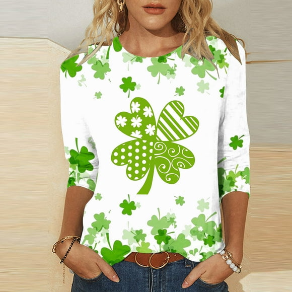 Meichang St Patrick's Day Shirts for Women Green Shamrock Graphic Tees 3/4 Sleeve Lucky Irish Tops Causal Crewneck Tops Loose Fit Holiday T Shirts St Patricks Day