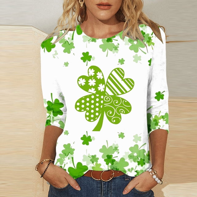 Meichang St Patrick's Day St Patricks Day T-Shirts pour Femmes Vert Trèfle Graphiques Manches 3/4 Tops Irlandais Chanceux Col Rond Décontracté T-Shirts Amples Vacances