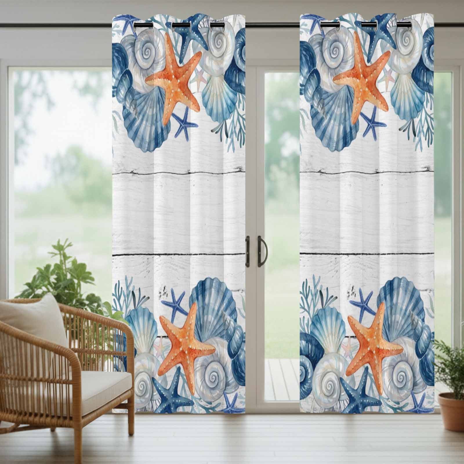 Summer Sea Shell Outdoor Curtains for Patio, Nautical Ocean Watercolor Starfish Coral Wood Grain Sunshade Privacy Drapes Grommet Waterproof Outside Curtains for Porch Balcony 54"x 108", 1 Panel