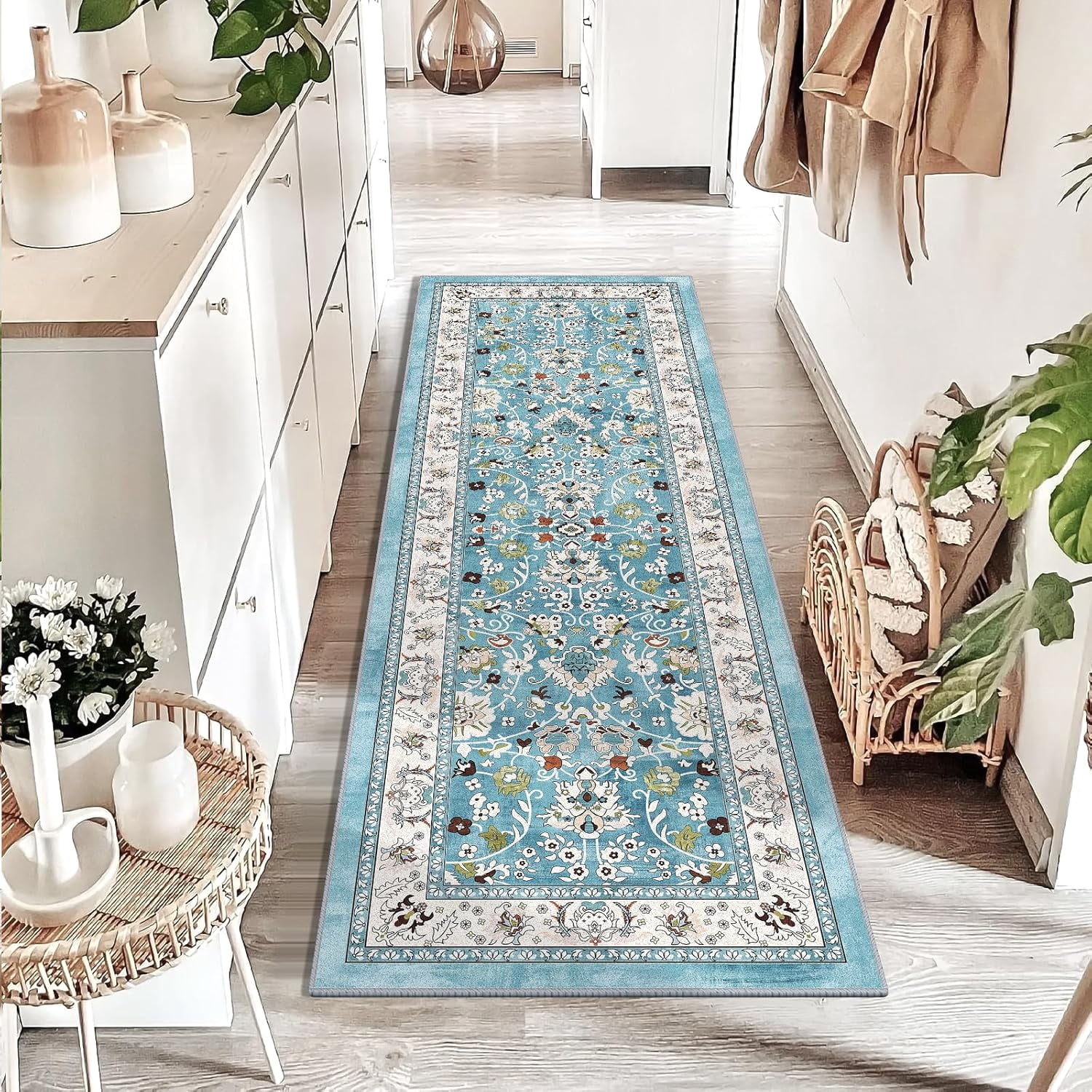 MJIAexp 2' x 6' Boho Floral Kitchen Runner Rug Machine Washable Runner Rug Non-Slip Hallway Runner Laundry Rug Throw Carpet for Living Room Bedroom Dining Room Entryway Kitchen Blue